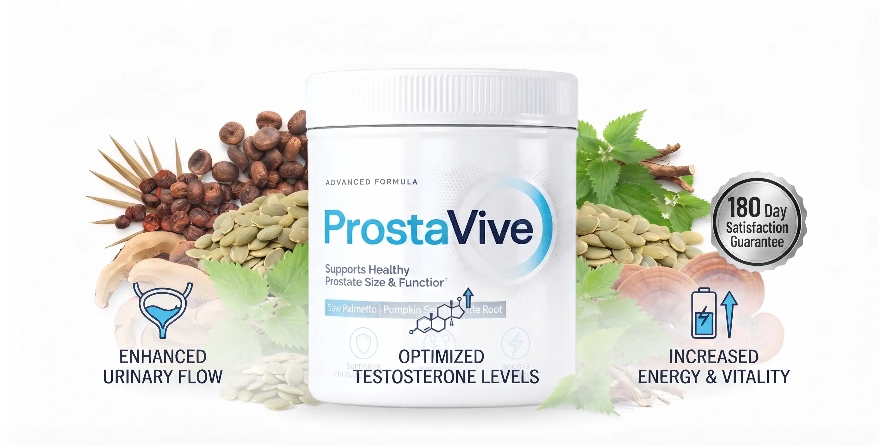 ProstaVive natural prostate supplement featuring saw palmetto, pumpkin seed, and nettle ingredients.