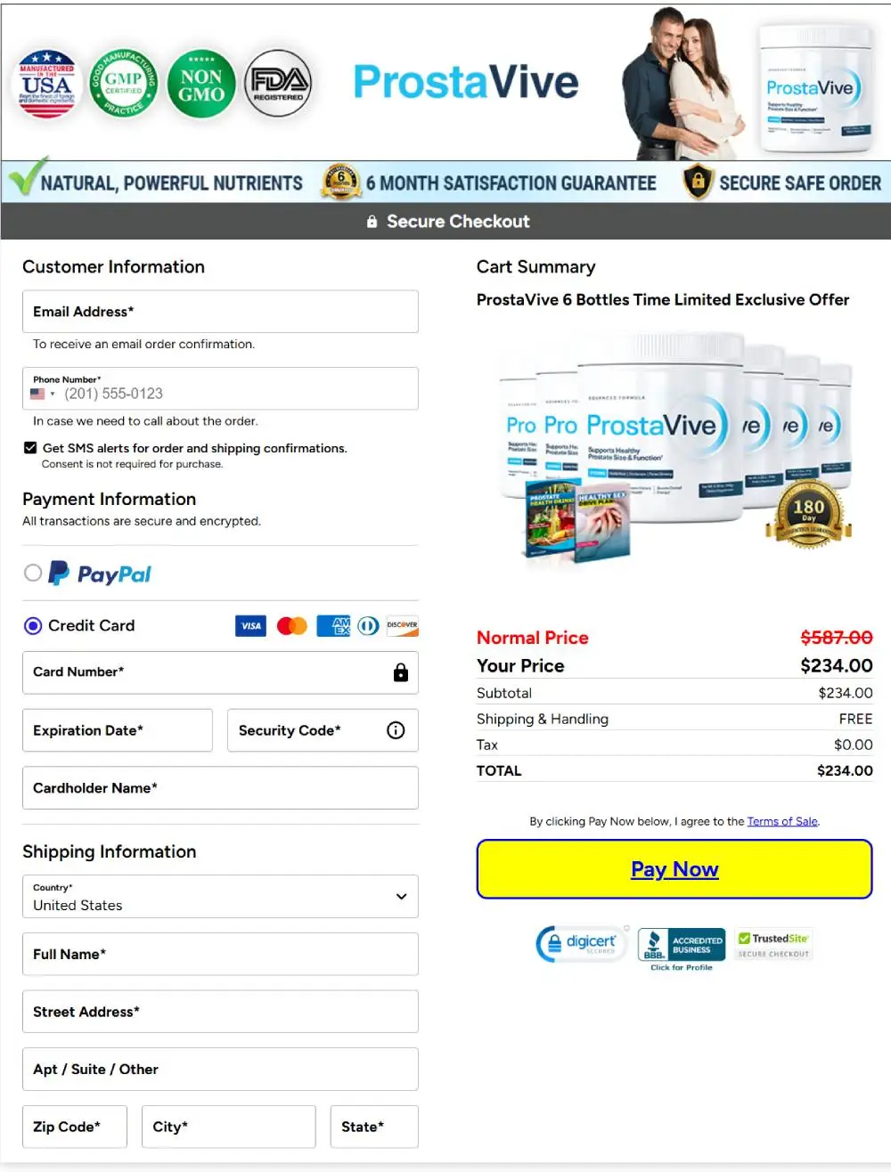 ProstaVive secure checkout page for 6-bottle exclusive offer.